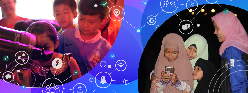 Collage: image of children using a telescope and image of children looking at a smartphone, with purple graphics in between