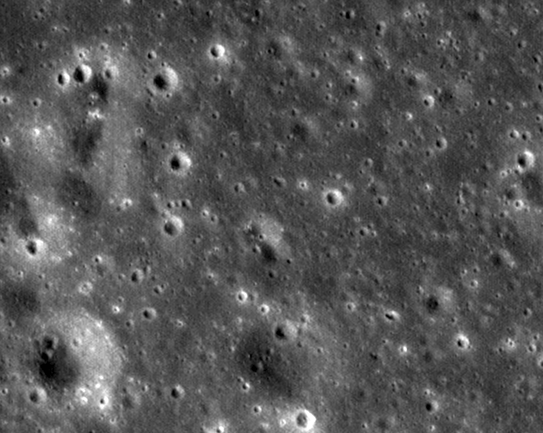 In the first image, a gray scale, pockmarked, overhead image of the Moon.