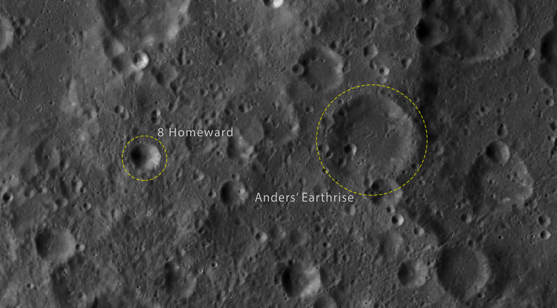 Orbital view of the Moon with new 8 Homeward and Ander's Earthrise highlighted and labeled.