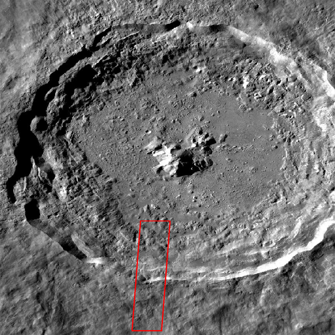 crater with box marking location of 3D image on this page