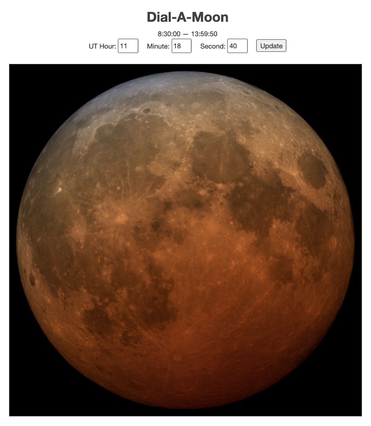 Close-up image of eclipsed Moon, in reddish shadow. The image is a screenshot of an interface titled Dial-A-Moon, at 11:18:40 UTC.