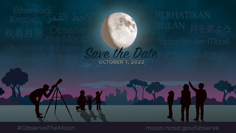 Imagined landscape featuring people observing the moon by eye and telescope, with information about International Observe the Moon Night.
