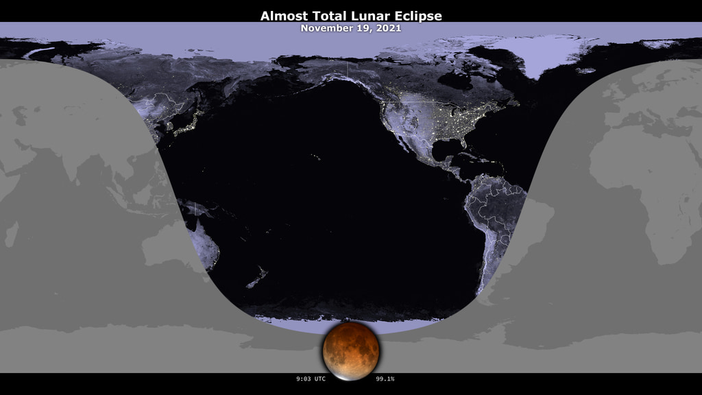 A world map showing where the eclipse is visible at the time of greatest eclipse. Earlier parts of the eclipse are visible farther east, while later times are visible farther west.