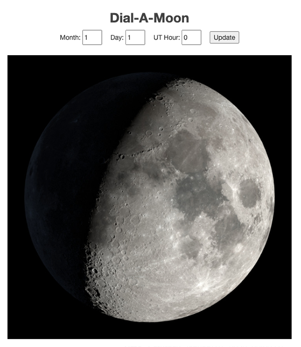 screenshot of online app with input fields and large image of the Moon
