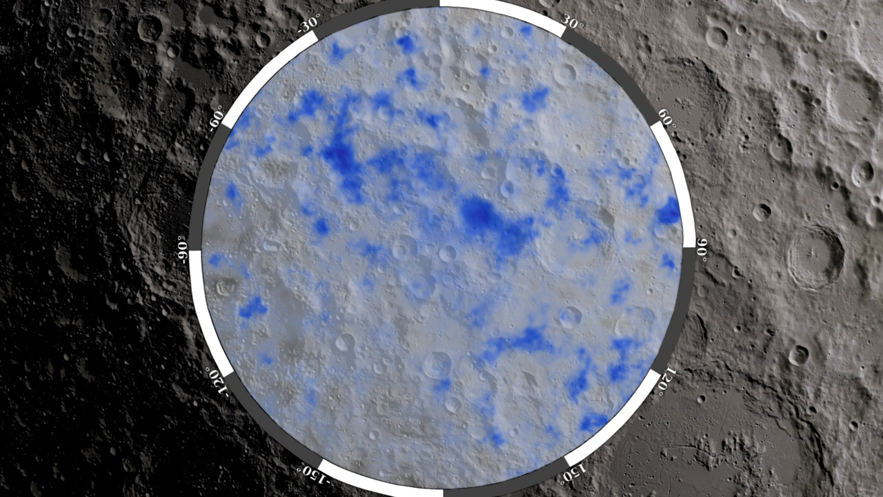 Close-up photo of the Moon's surface with a circled aread superimposed with blue blotches.
