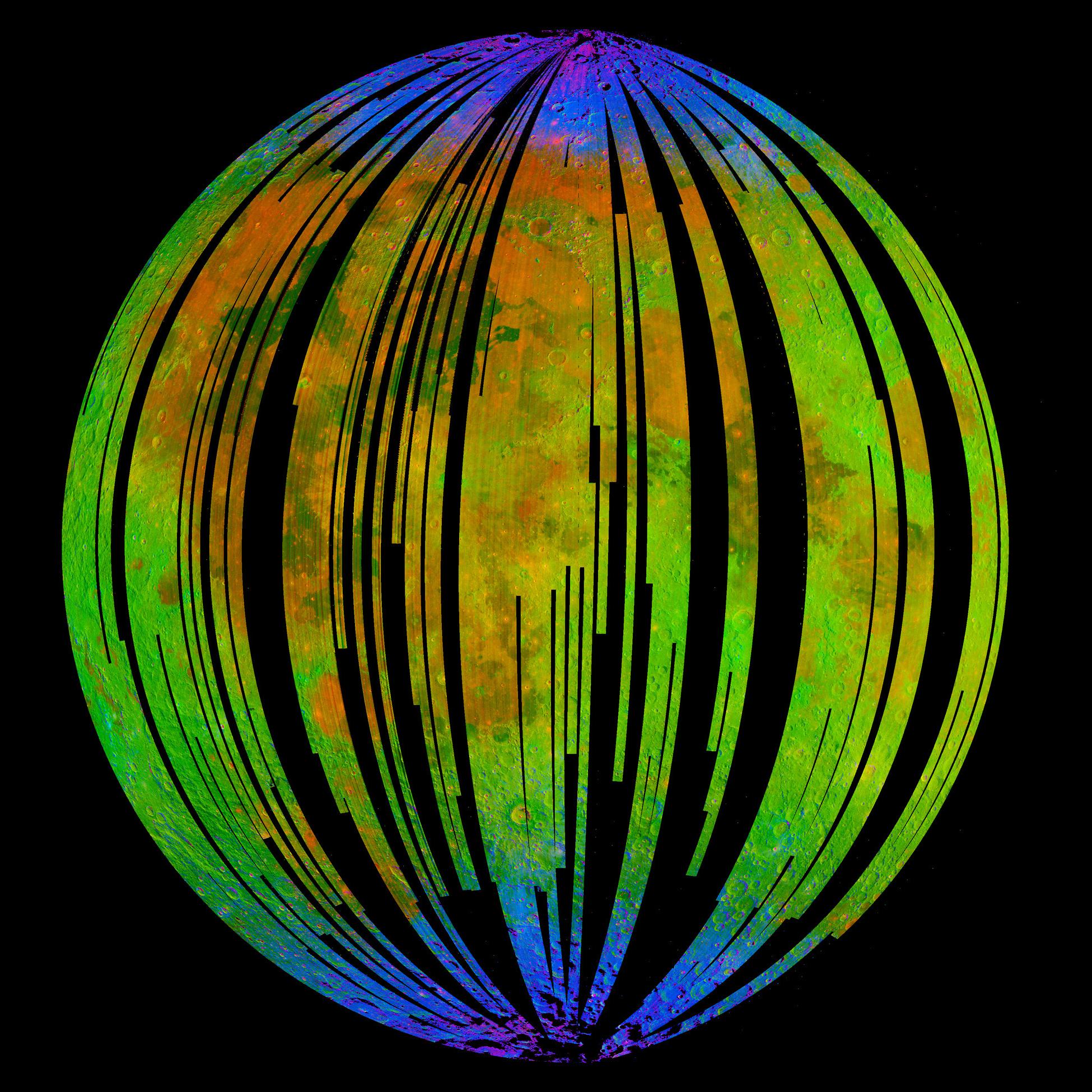 Digitalized bands of gradient colors superimposed over the Moon's surface, within a circle area.