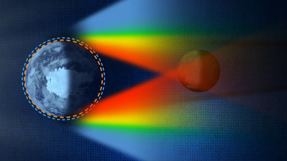 Graphic of the Earth and Moon. Sunlight passing above and below the Earth’s atmosphere is broken up into a rainbow spectrum, with the red parts of the spectrum falling on the Moon.