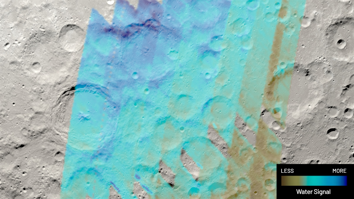 Image of the Moon's surface up close, with enhanced colored bands to signify scanned areas with water signals detected from SOFIA.