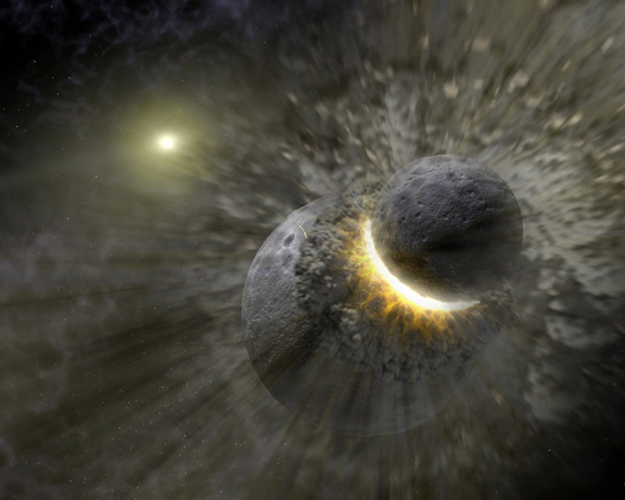 Illustration of a smaller grey rock colliding into another larger rock in space.