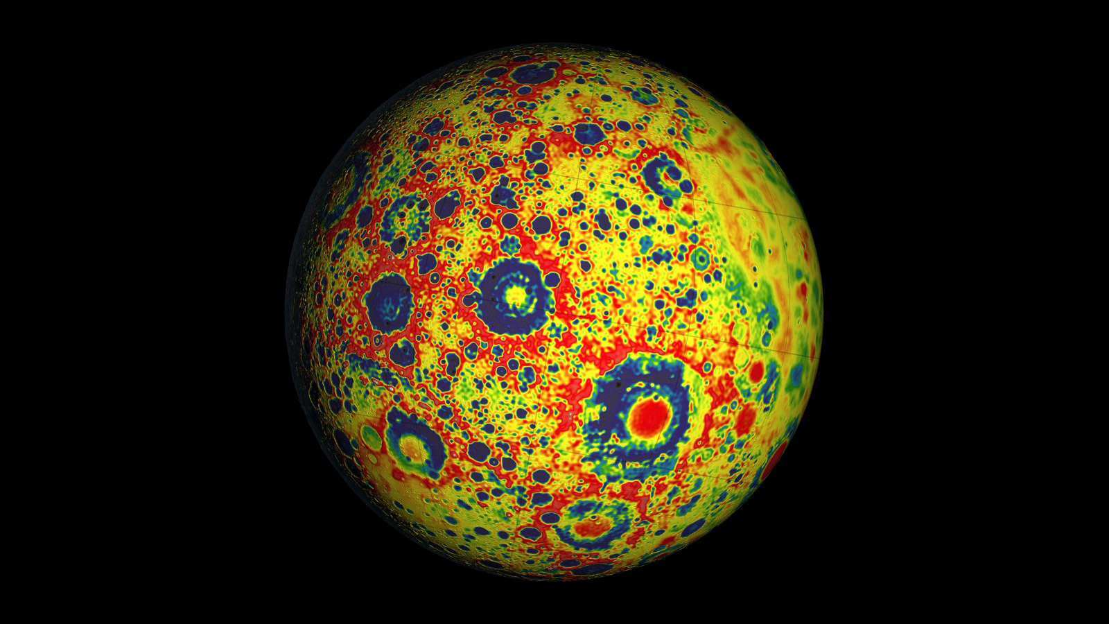 Color-enhanced image showing gravity on globe of the Moon.