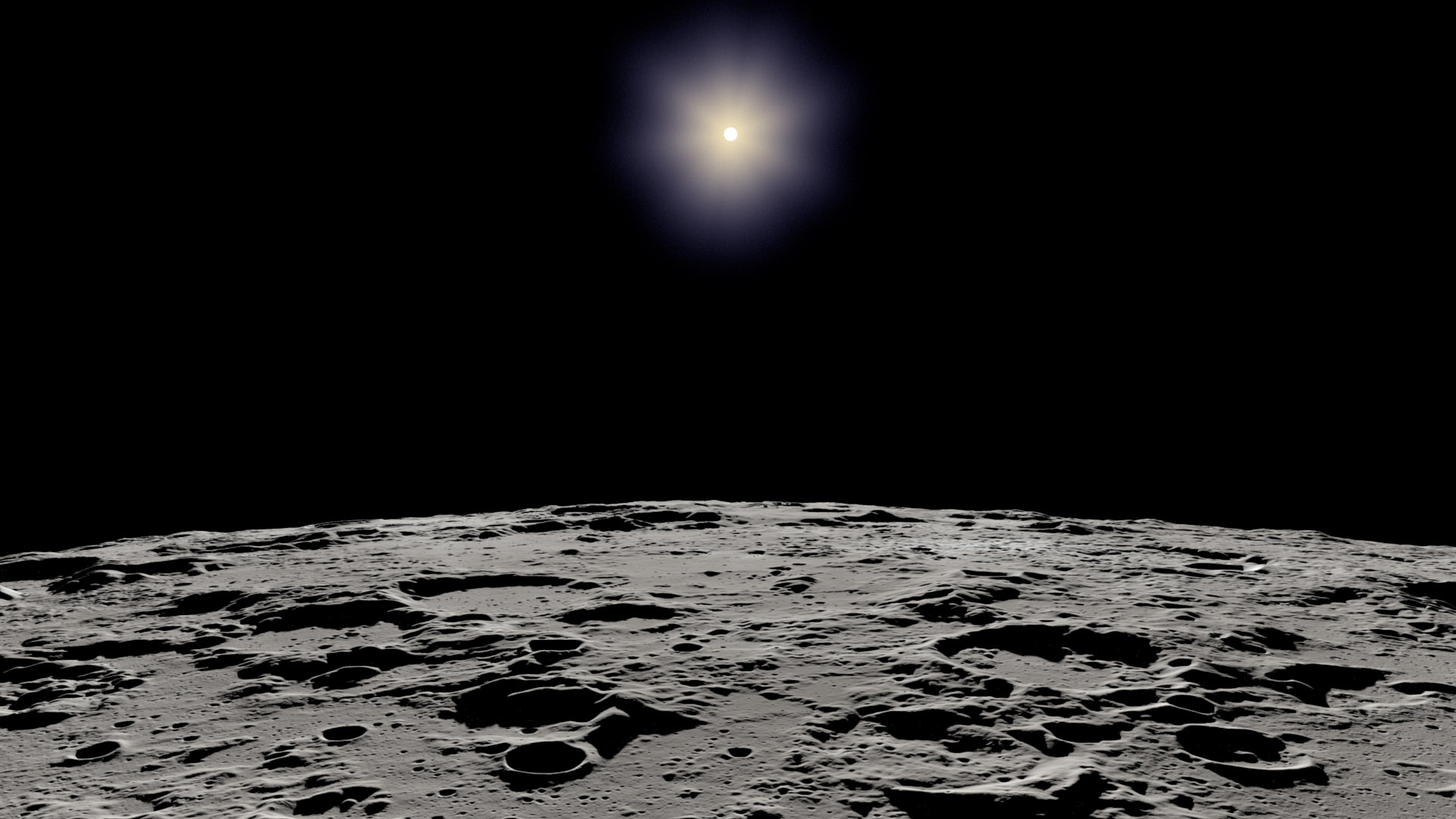 The Sun, represented as a bright white dot with a glowing white aura is high in a black sky. The bottom third of the image shows a jagged and cratered gray curved landscape – the limb of the Moon.