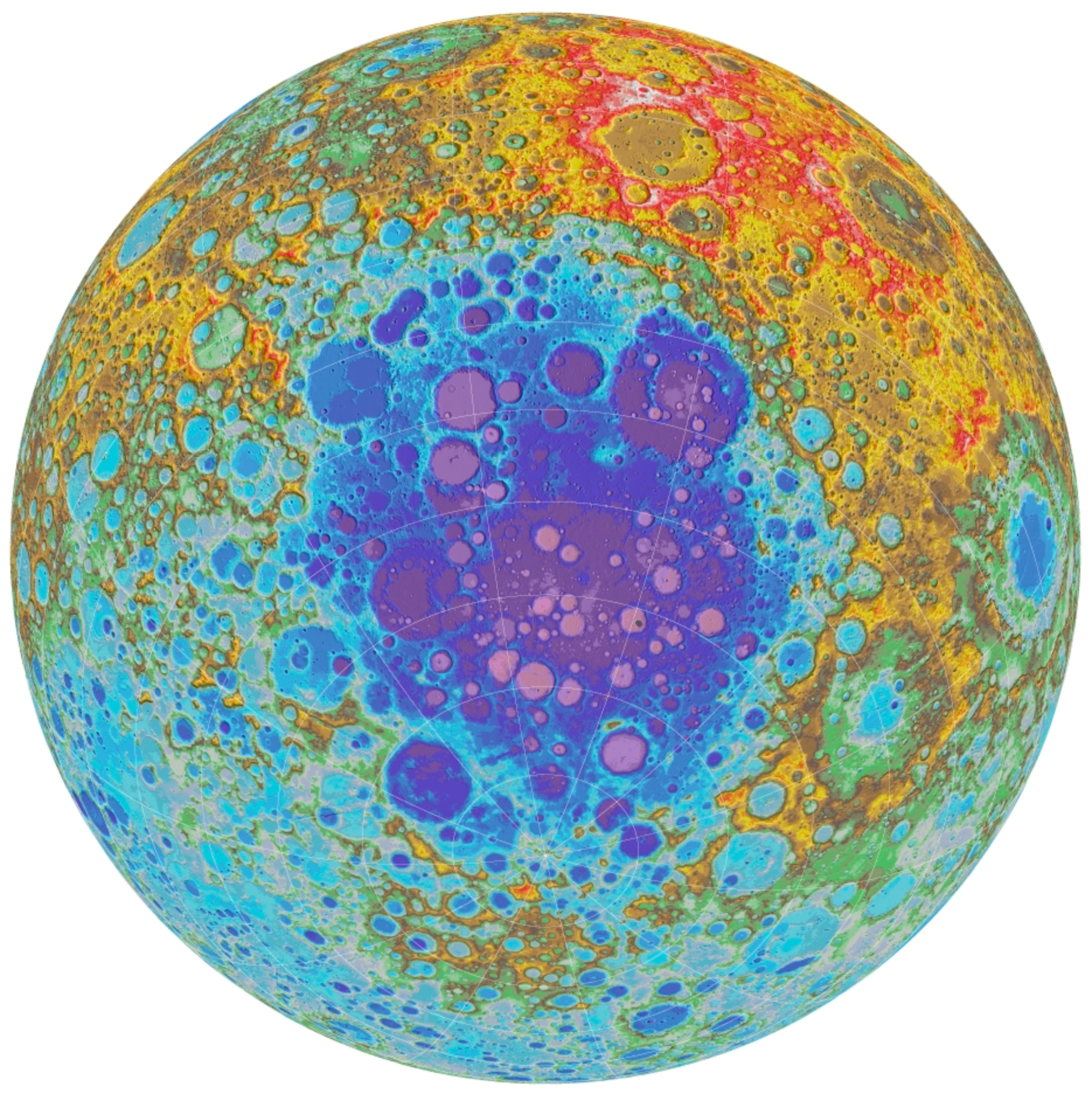 color-coded map of heavily-cratered terrain