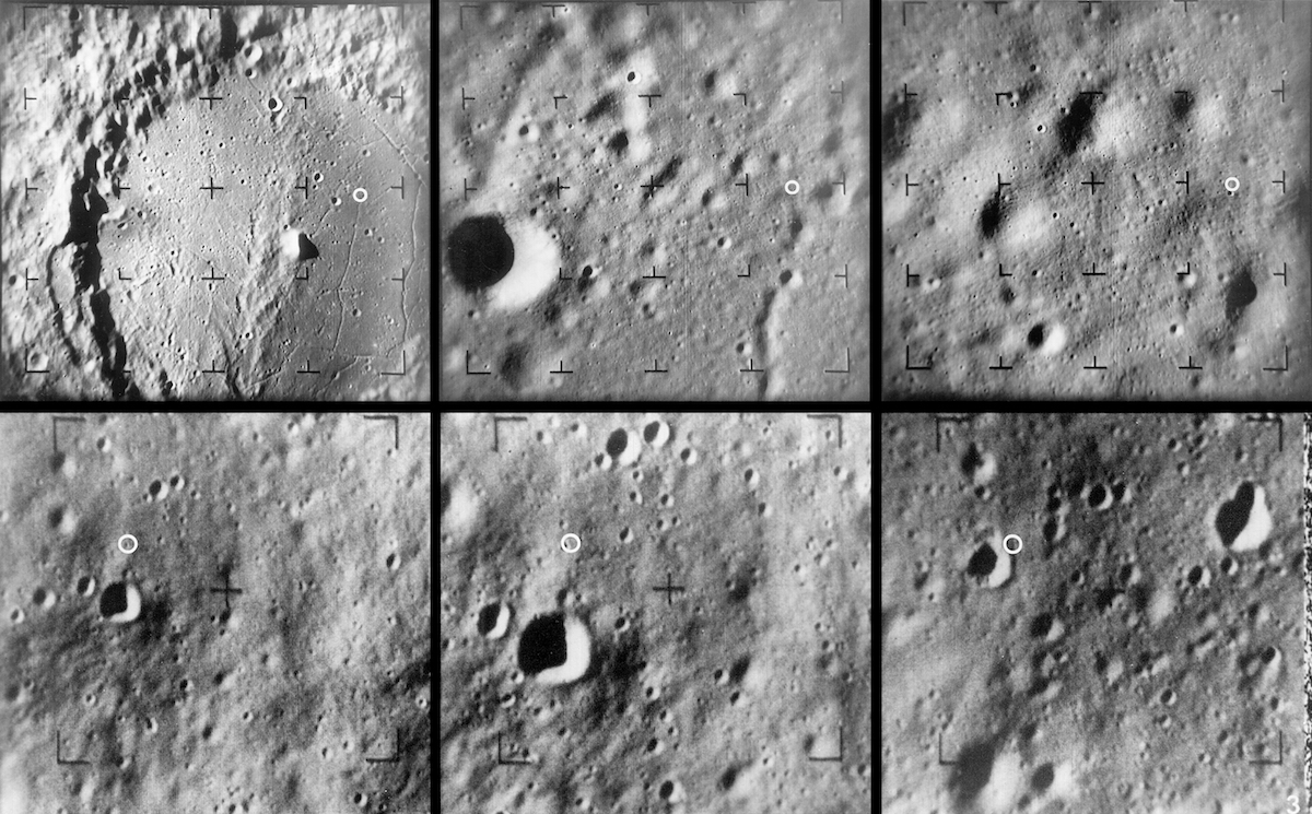 six frames, each showing the Moon's cratered surface more closely