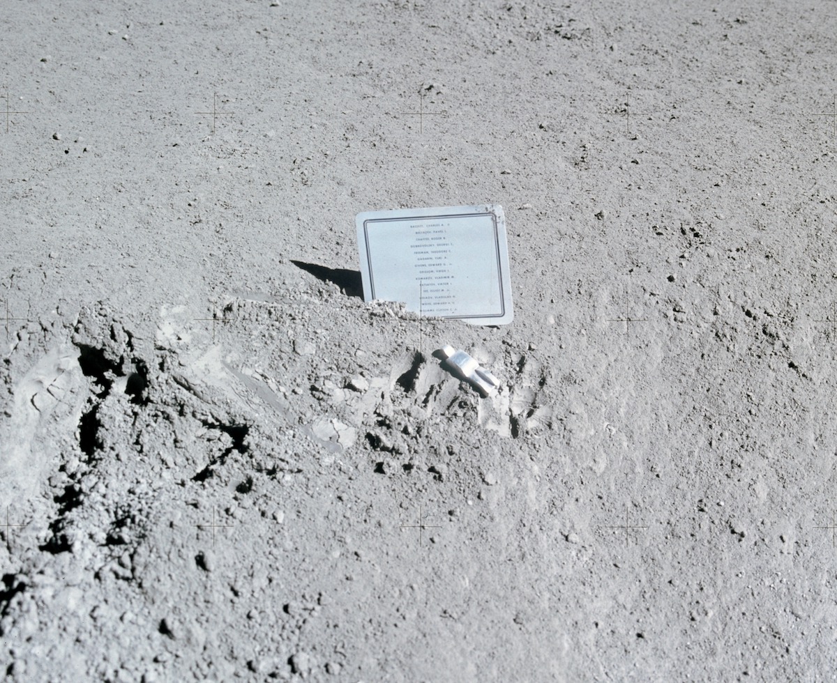 A close-up view of a commemorative plaque left on the Moon at the Hadley-Apennine landing site.