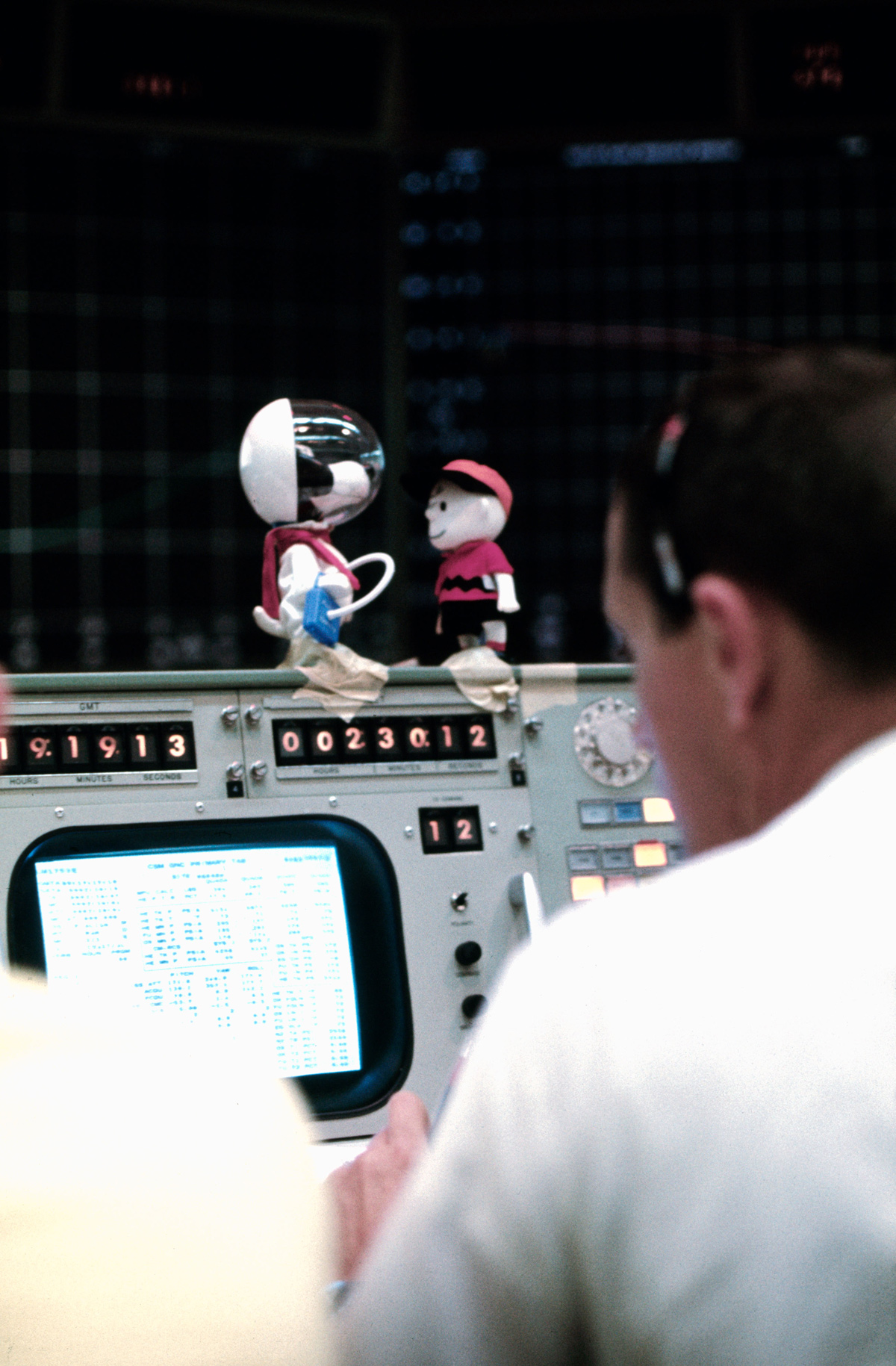Replicas of Snoopy and Charlie Brown on mission control console