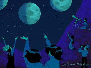 Whimsical illustration of a group of people observing the Moon with telescopes, their eyes, cameras, and binoculars. A circle of Moons going through the different Moon phases surrounds text which reads International Observe the Moon Night. moon.nasa.gov/observe. 