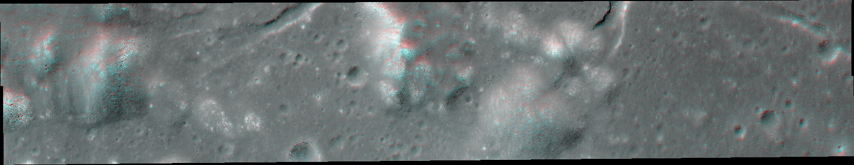 Red-blue 3D anaglyph of rough lunar terrain seen from above 