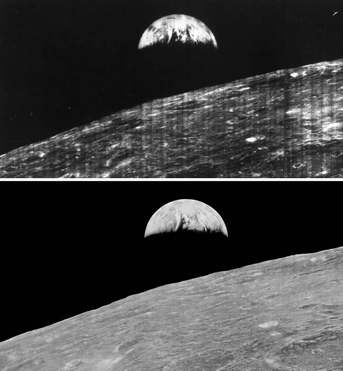 earth rising over lunar horizon in two images, the original and the smoother, restored version 