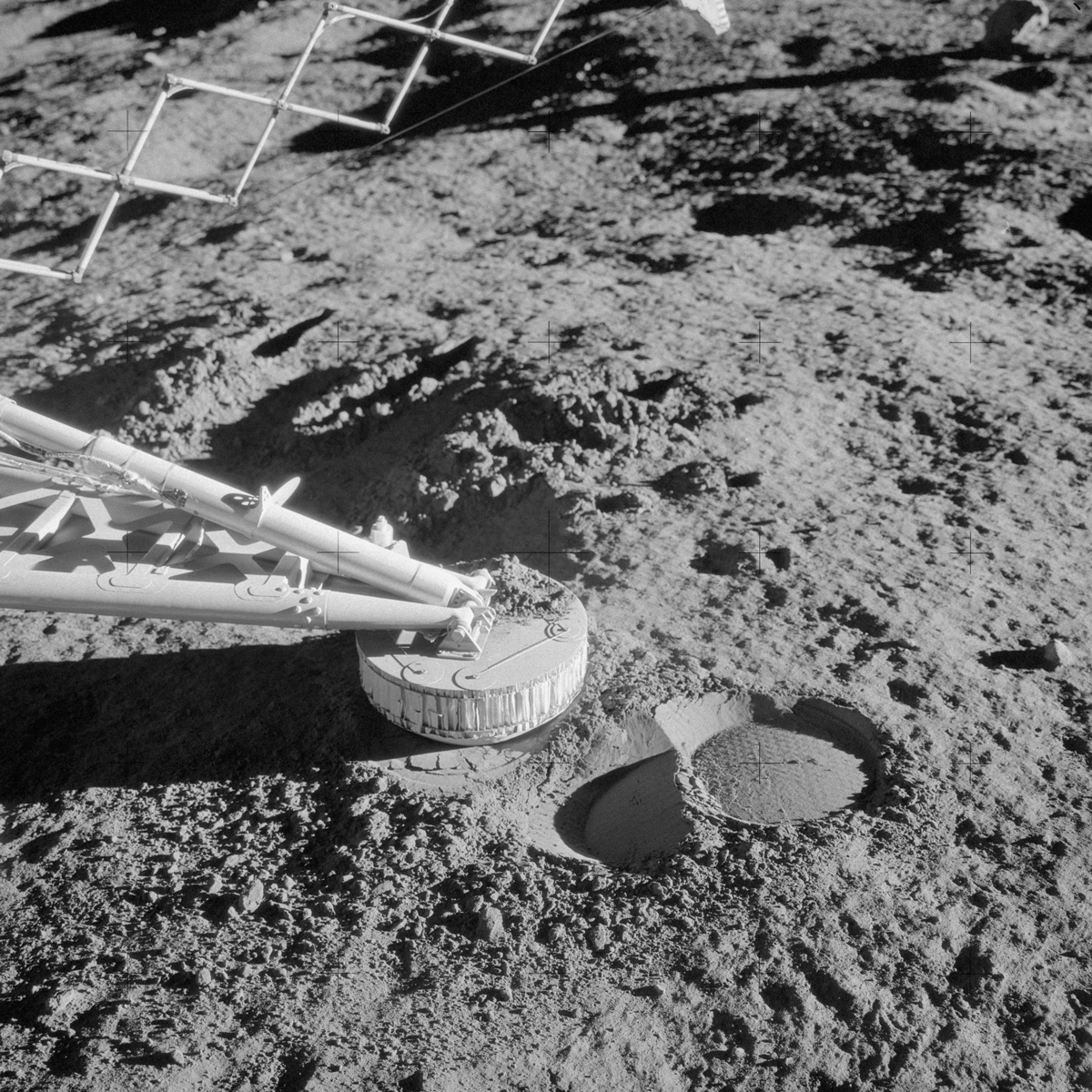 Close-up of the footpad of Surveyor 3 on lunar surface