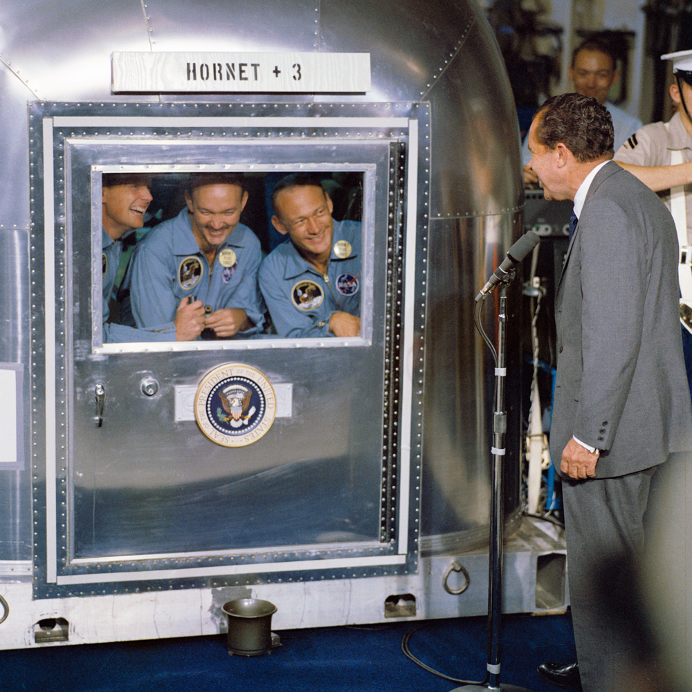 Richard Nixon greeting the three Apollo 11 astronauts