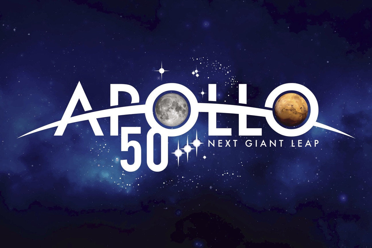 Logo for NASA's Apollo 50th celebration featuring the Moon and Mars