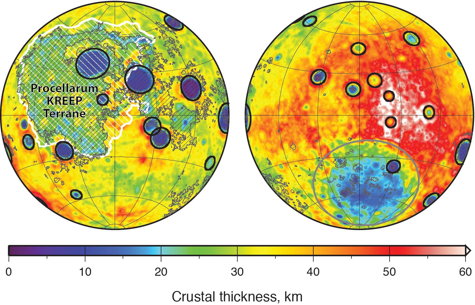 Heat map of crustal thickness of the moon
