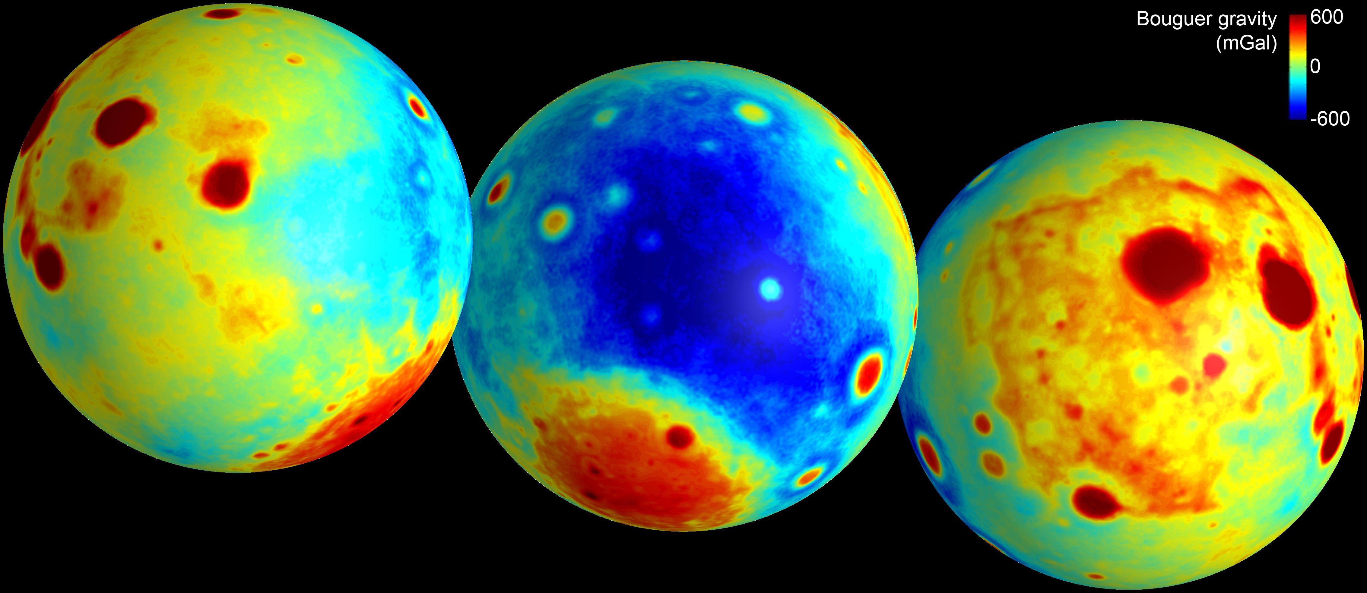Three heat maps showing the moon's gravity
