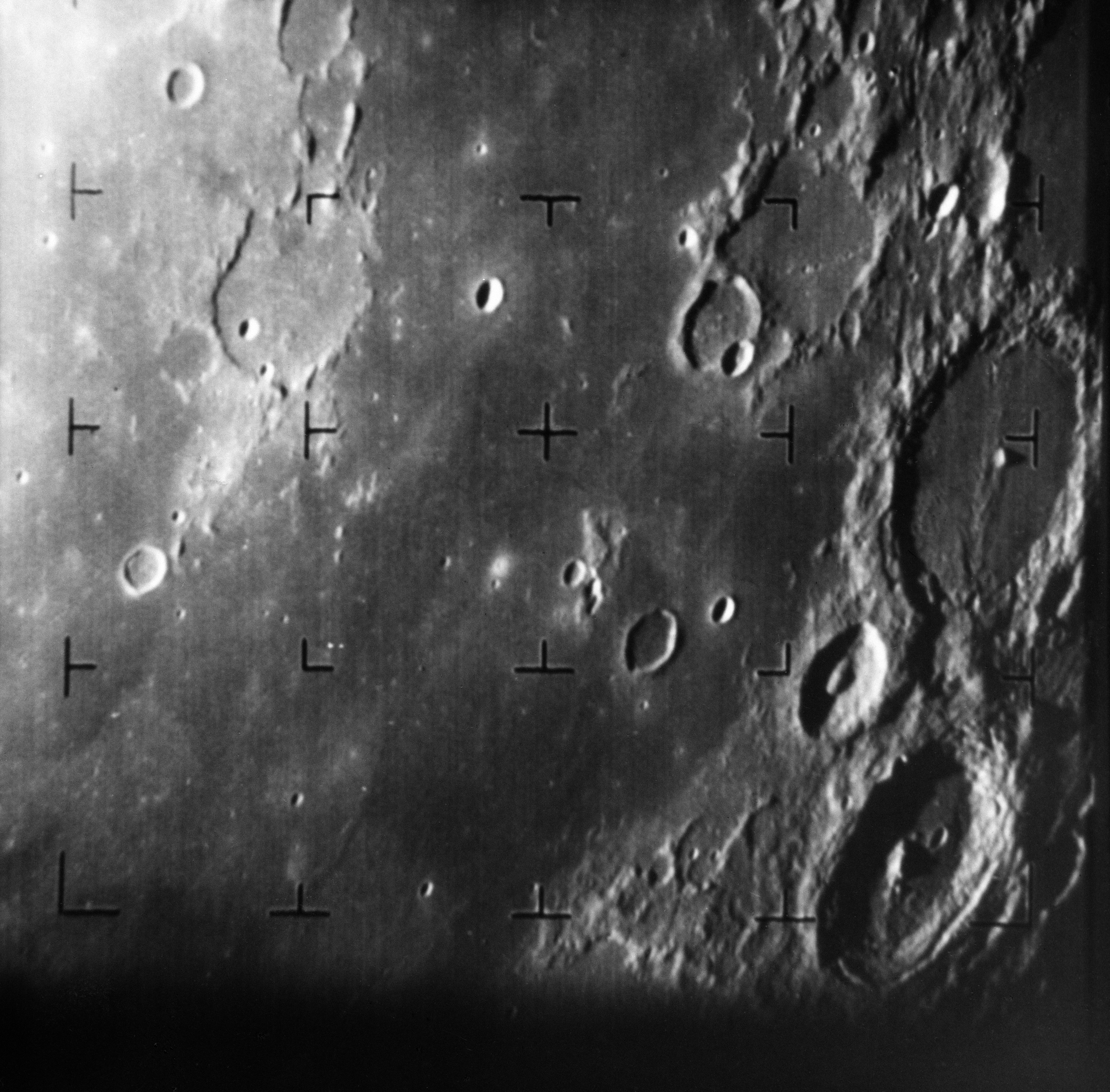 Black and white image of craters on the moon.