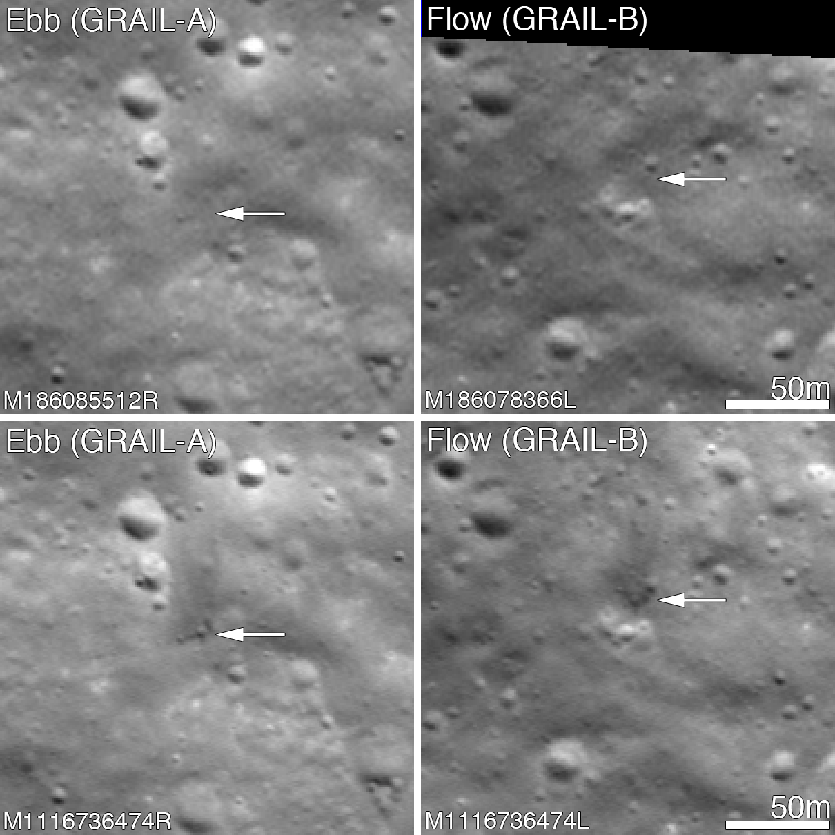 Collection of images showing impact marks of two spacecraft that impacted the moon.