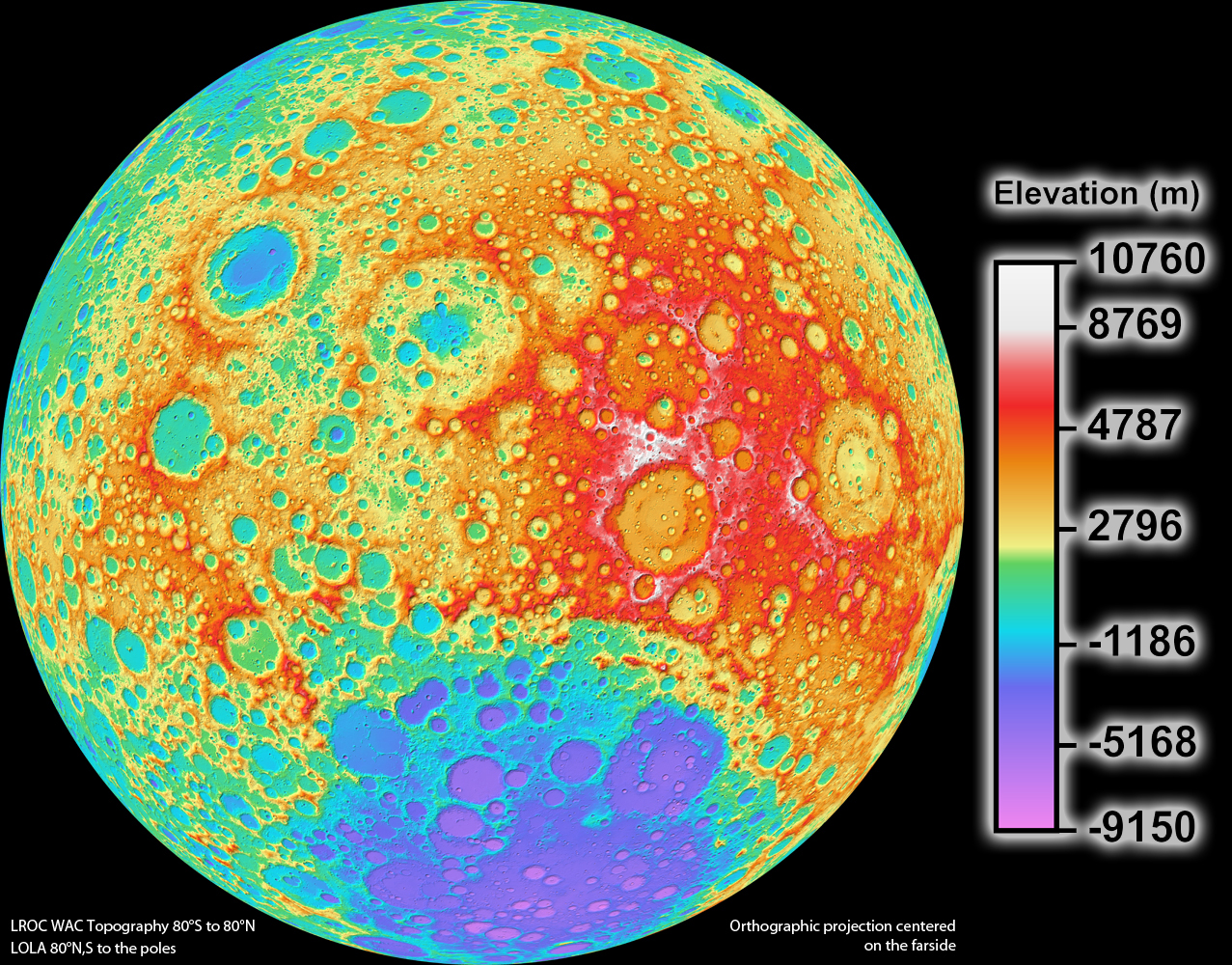 topographic map of the rugged lunar surface with bright colors representing altitudes 