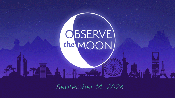 Whimsical illustration of a skyline of monuments from all over the world representing different countries and cultures, looping behind a logo of Observe the Moon. 