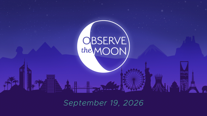 Whimsical illustration of a skyline of monuments from all over the world representing different countries and cultures, looping behind a logo of Observe the Moon. 
