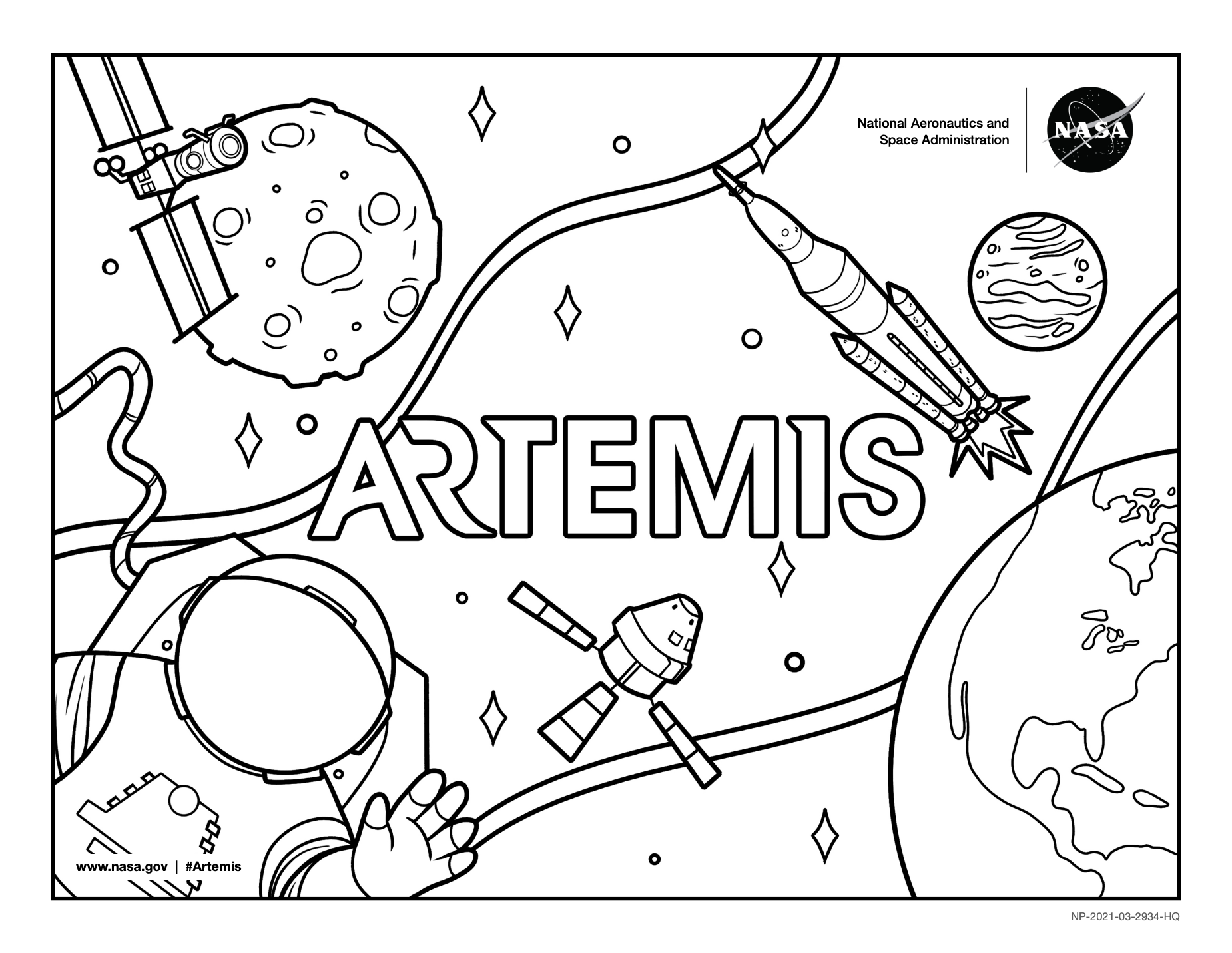 A coloring sheet with Artemis mission components ncluding sketches of the Moon, a spacecraft orbiting the Moon, an astronaut, the Orion spacecraft, Earth, the SLS rocket, and a distant planet is shown. The word “Artemis” is in thick letters at center.