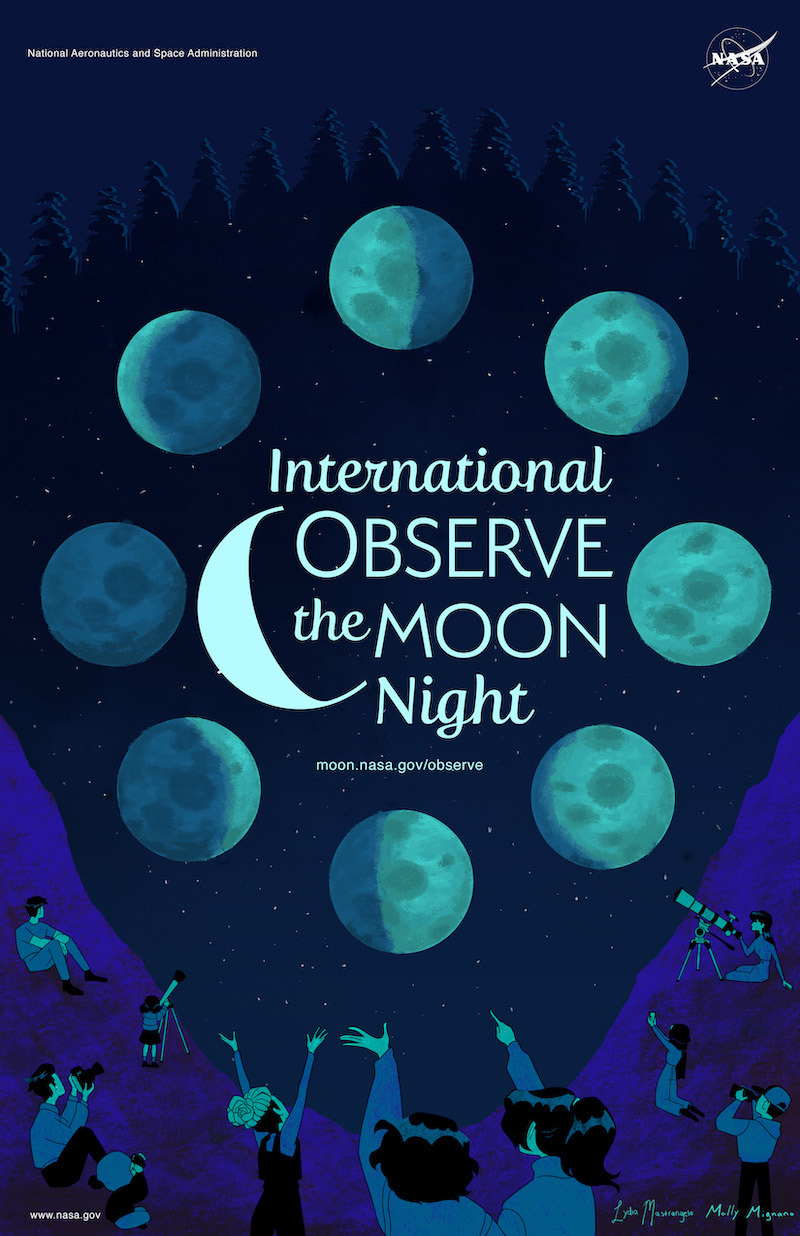 Whimsical illustration of a group of people observing the Moon with telescopes, their eyes, cameras, and binoculars. A circle of Moons going through the different Moon phases surrounds text which reads International Observe the Moon Night. moon.nasa.gov/observe. 