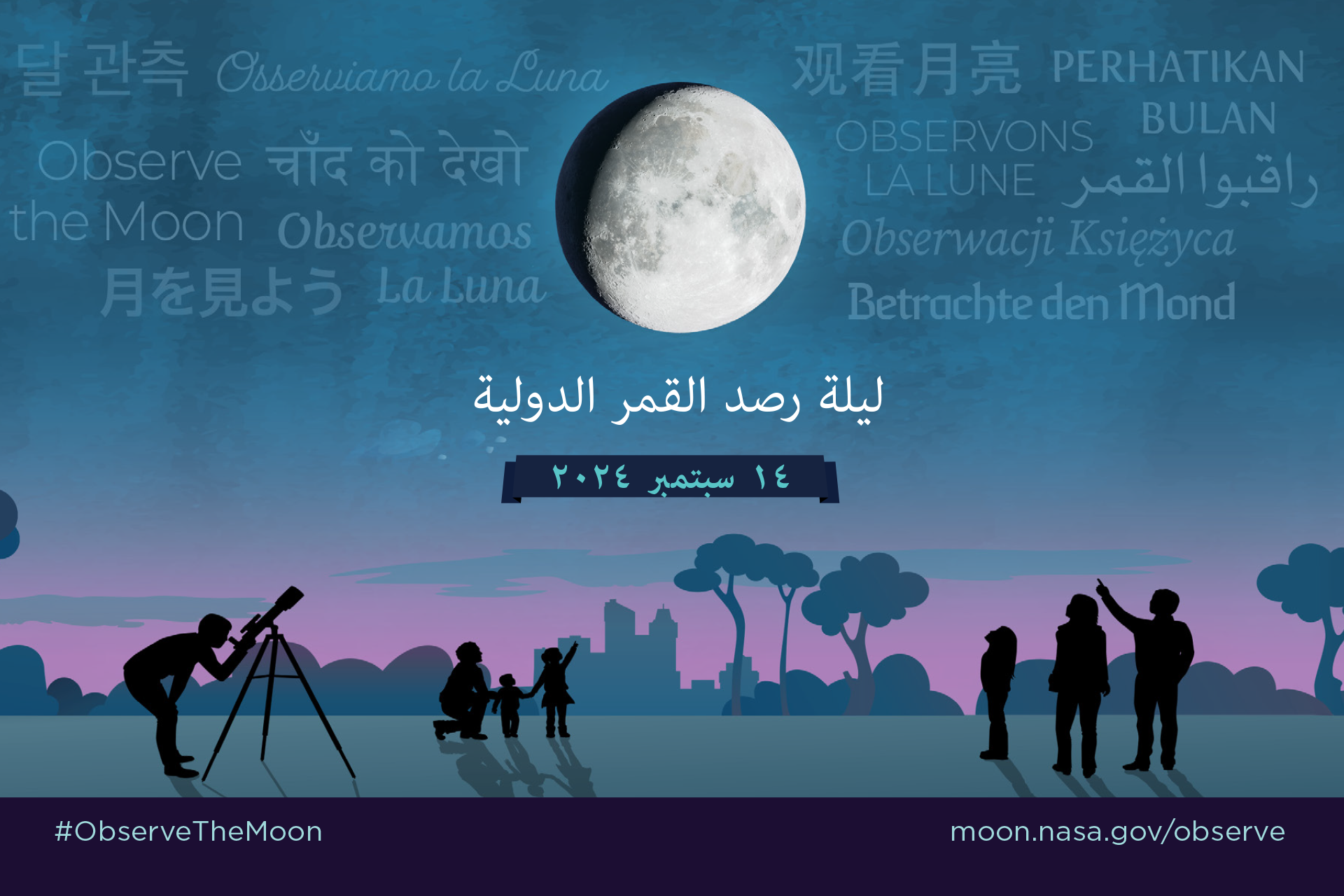 Stylized illustration of silhouettes of people looking up at a large Moon in the night sky.