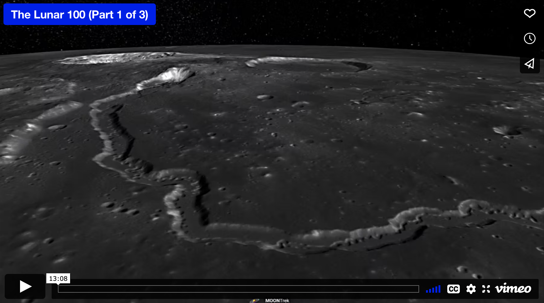 Screen shot of a video showing a winding valley on the Moon's surface. 