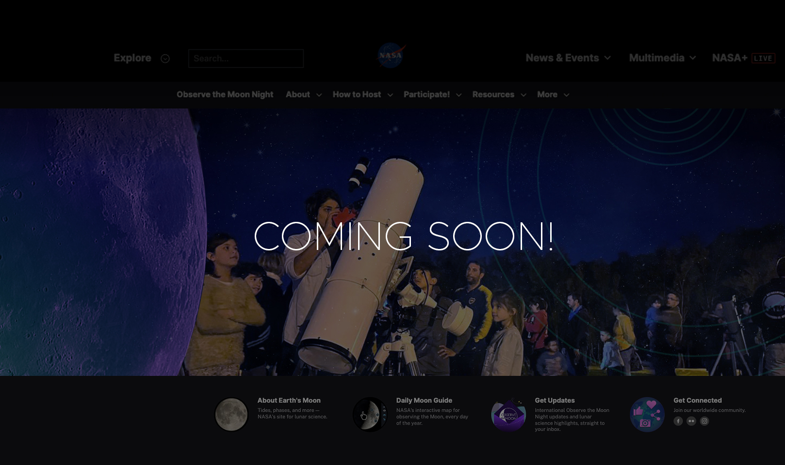 slide 1 - Screenshot of a webpage, with the main hero image of a photo of group of people outdoors at night. In the foreground, a woman stand near a large telescope and holds her phone camera to the eyepiece as some kids stand an watch. An image of the Moon and also swirling lines are overlaid over the photo.
