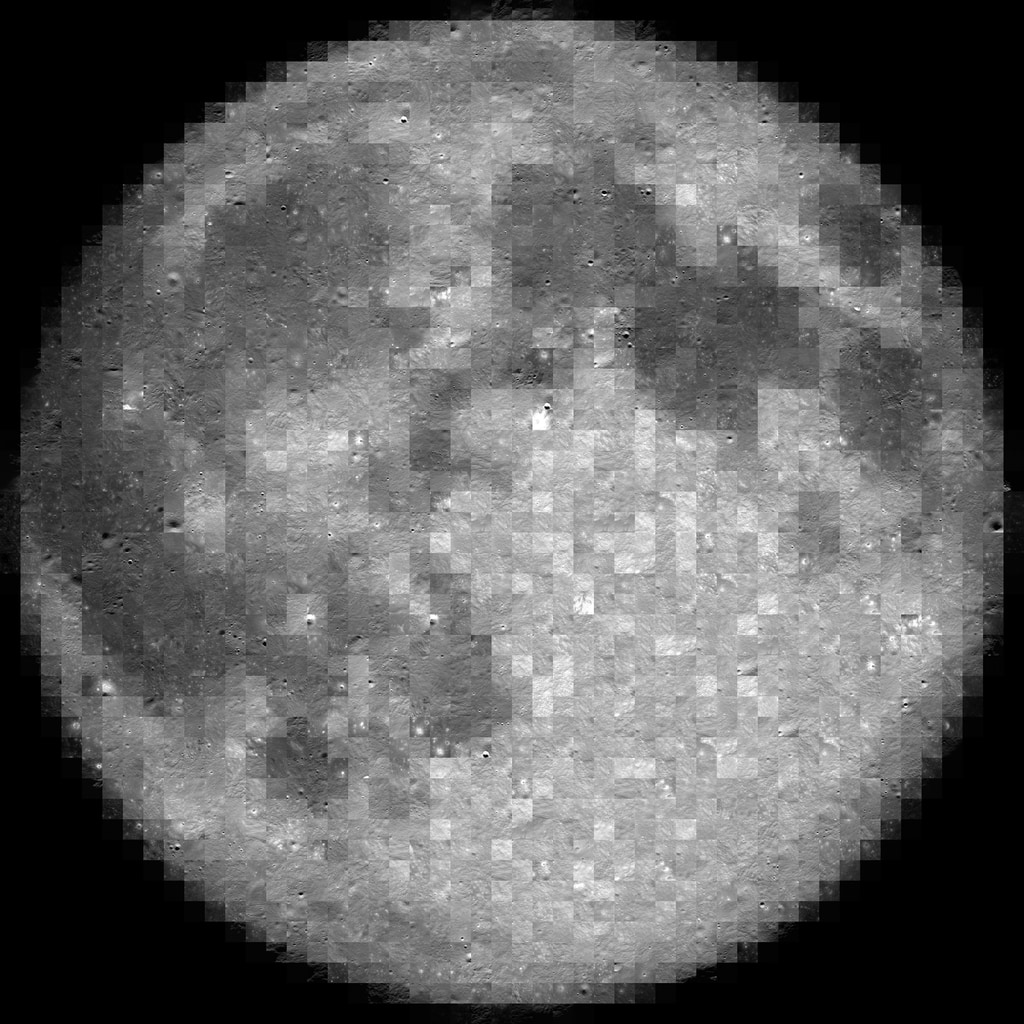 A photomosaic made of 1231 individual images that, when stitched together, show the full moon, with mixed areas of light and dark.