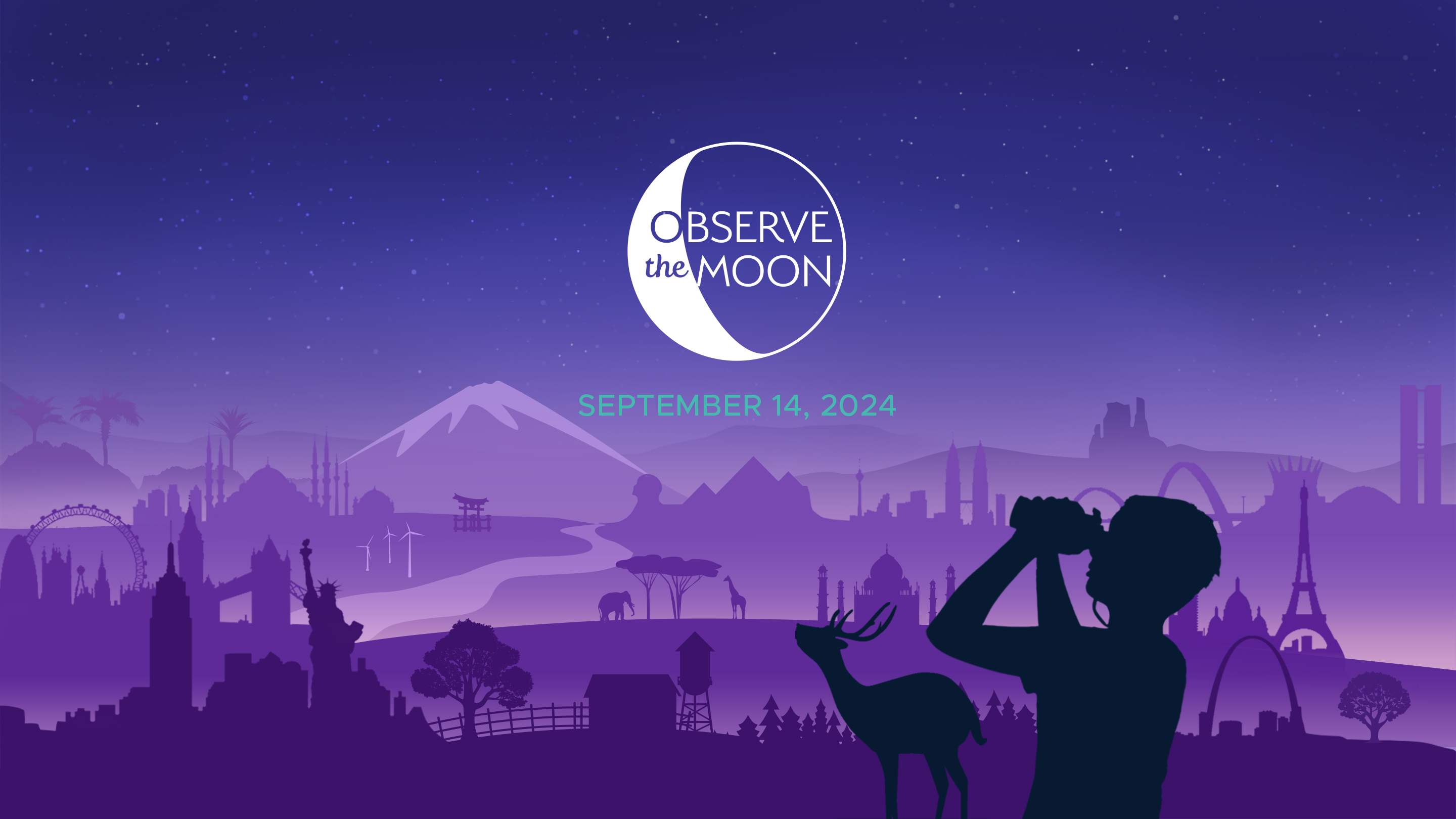 slide 1 - Illustration of imagined landscape with world landmarks, silhouette of a boy looking up at a graphical logo representing the Moon, with the title "Observe the Moon". Subtitle text reads, "September 14, 2024"