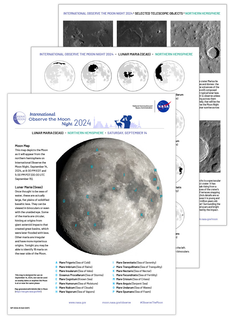 Map of the Moon with points of interest highlighted for International Observe the Moon Night 2024