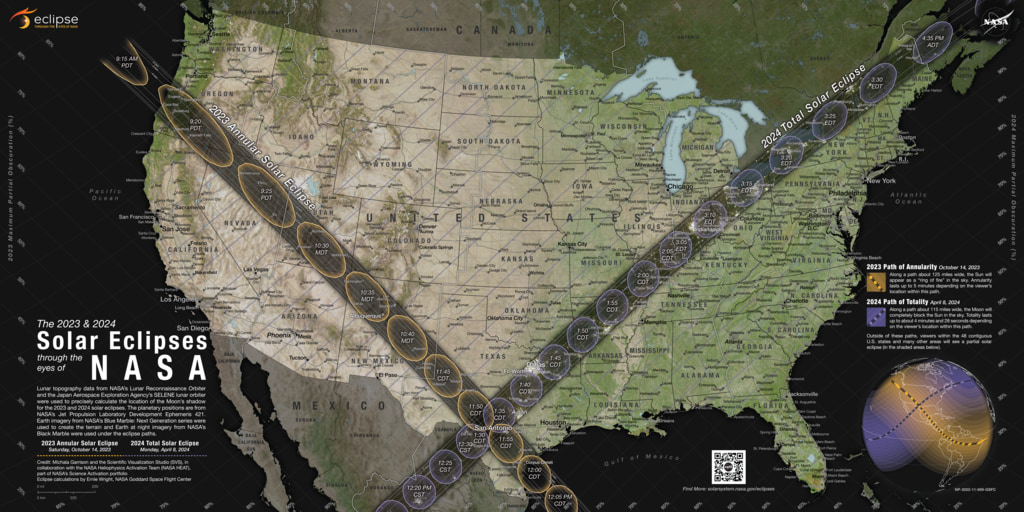 Map showing where the Moon’s shadow will cross the U.S. during the 2023 annular solar eclipse and 2024 total solar eclipse.