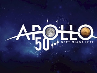 Logo for NASA's Apollo 50th celebration featuring the Moon and Mars