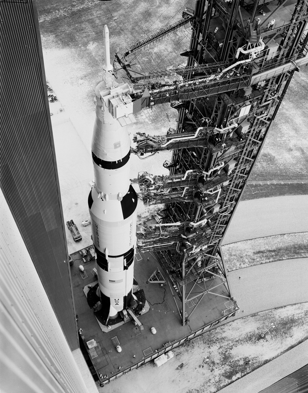 View from above of Apollo 6 on its transporter