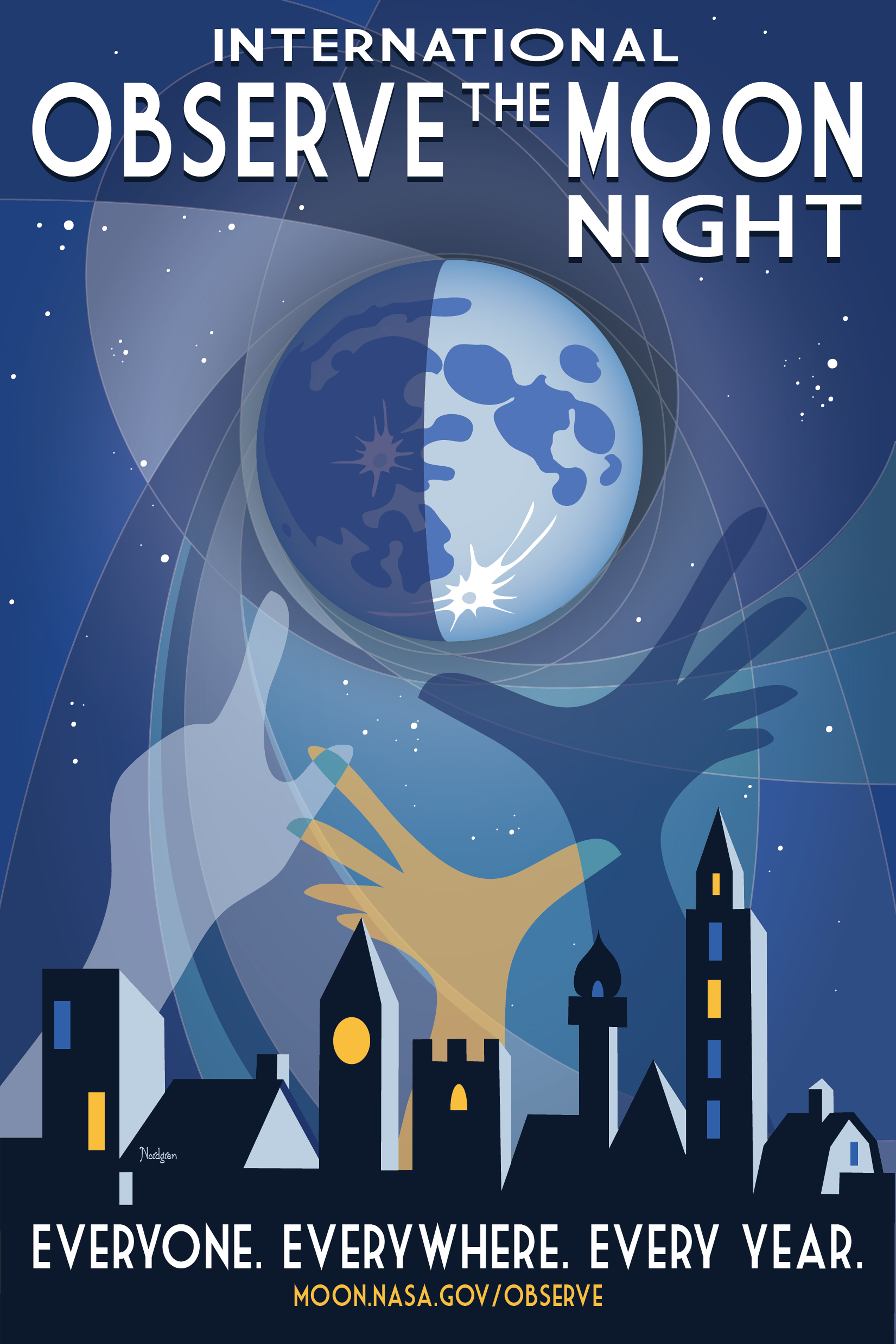 Whimsical illustration of hands reaching up to a Moon above a cityscape. Text says International Observe the Moon Night. Everyone. Everywhere. Every year. 