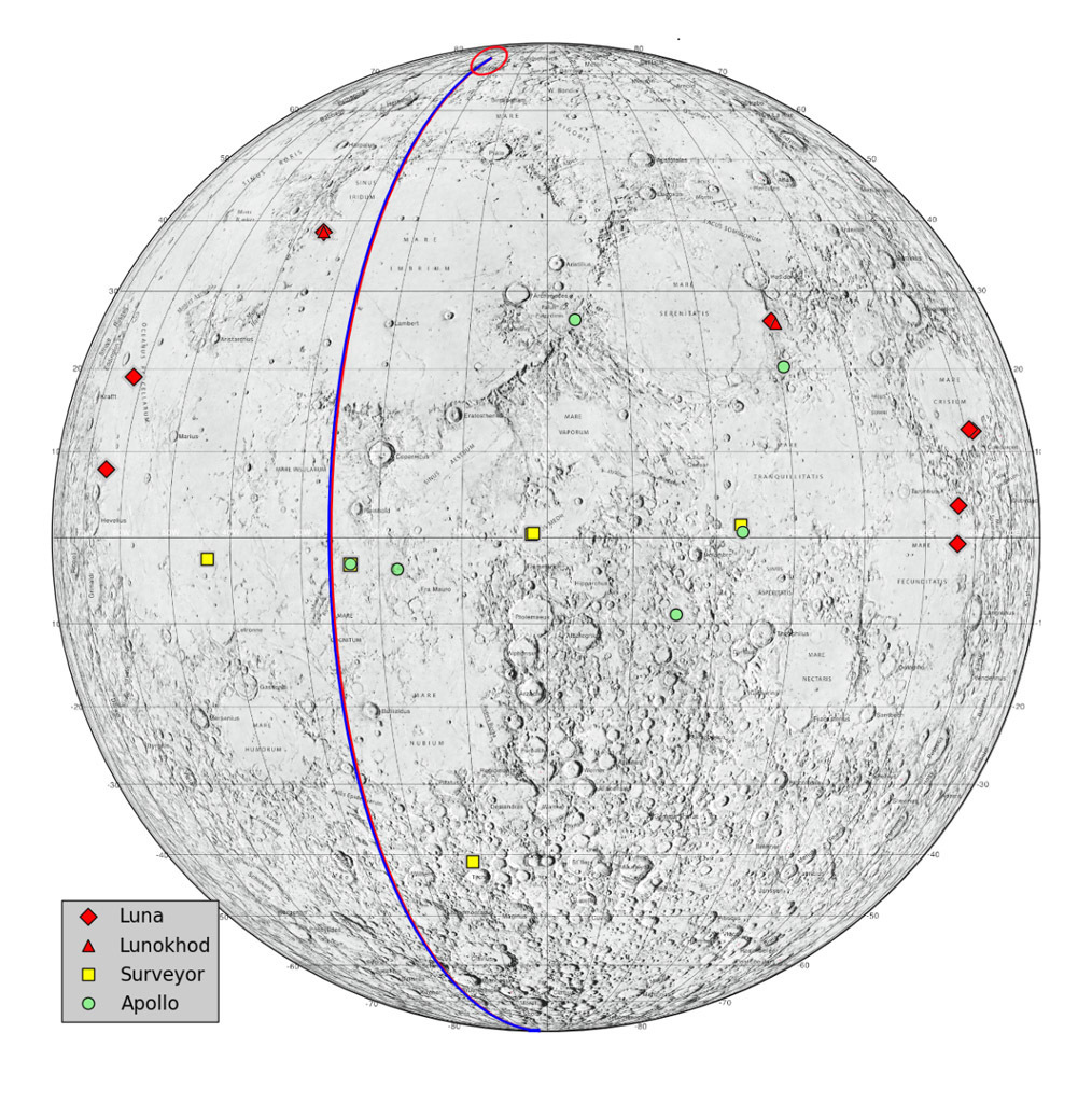 Illustration showing key points of interest on the surface of the Moon.