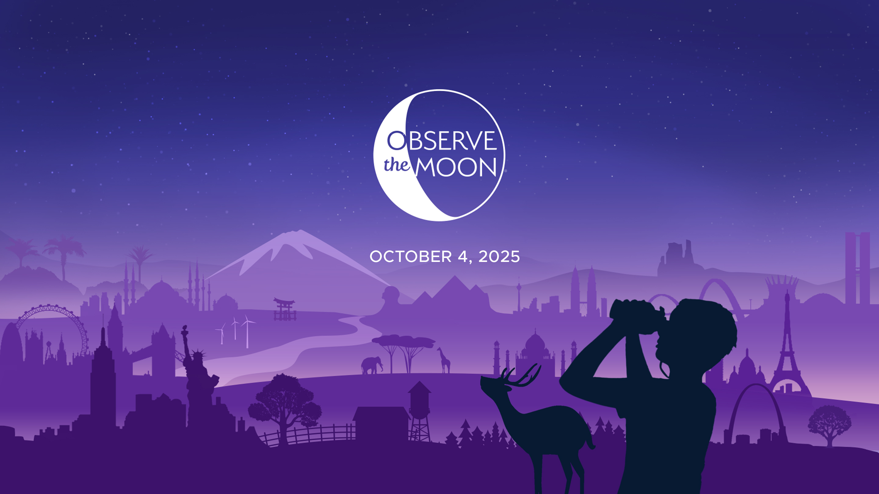 slide 1 - Illustration of imagined landscape with world landmarks, silhouette of a boy looking up at a graphical logo representing the Moon, with the title "Observe the Moon". Subtitle text reads, "September 14, 2024"