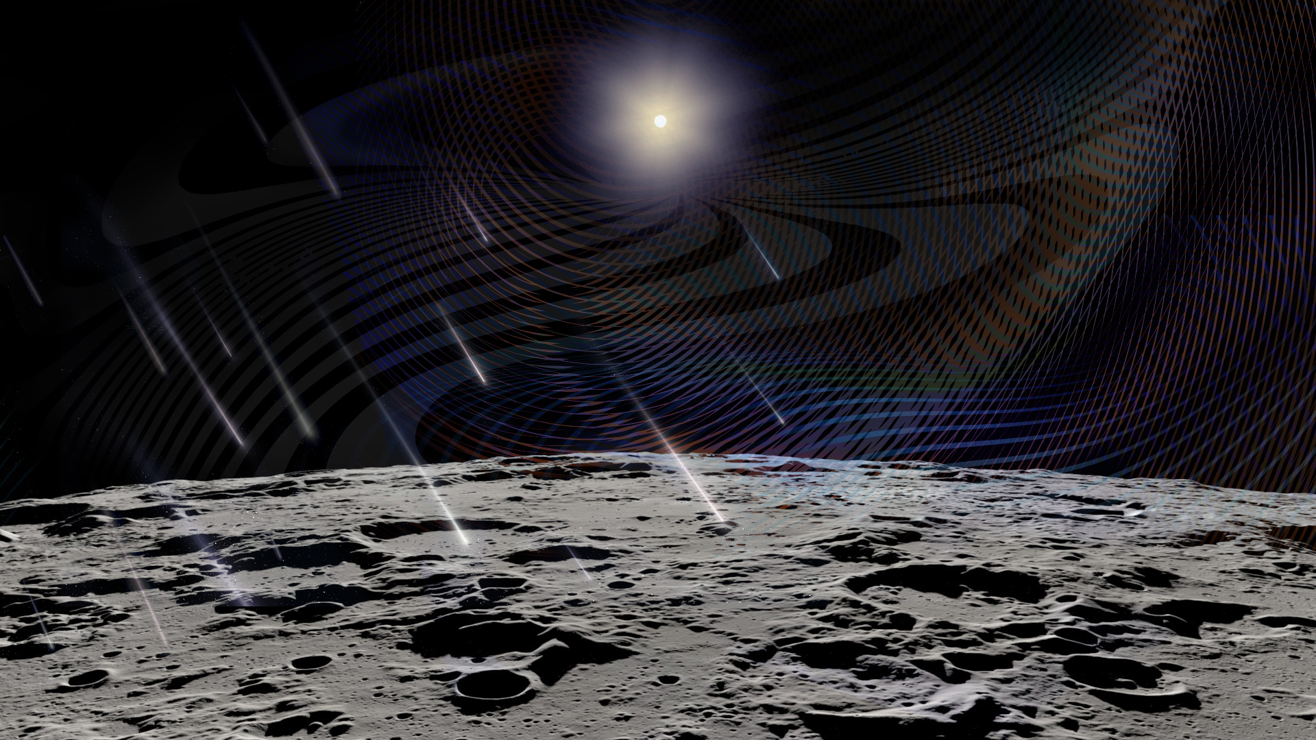 slide 2 - Artist rendering of meteorites raining down the surface of the Moon, and the Sun in the distant sky.