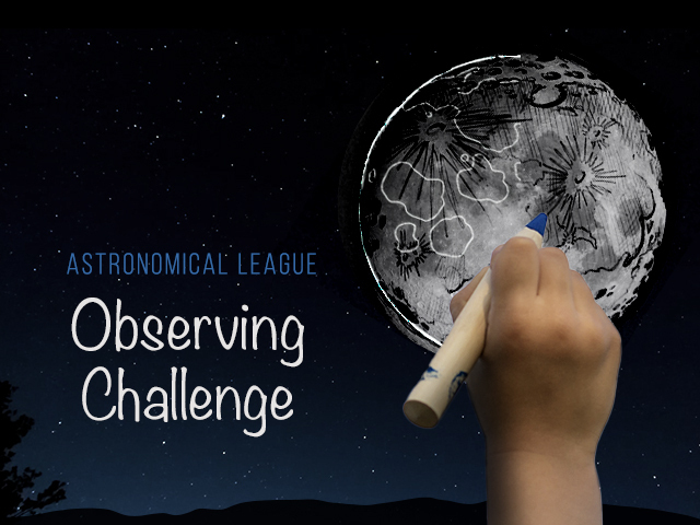 Illustration of a kid's hand holding a marker, drawing the features of the Moon against a night sky.