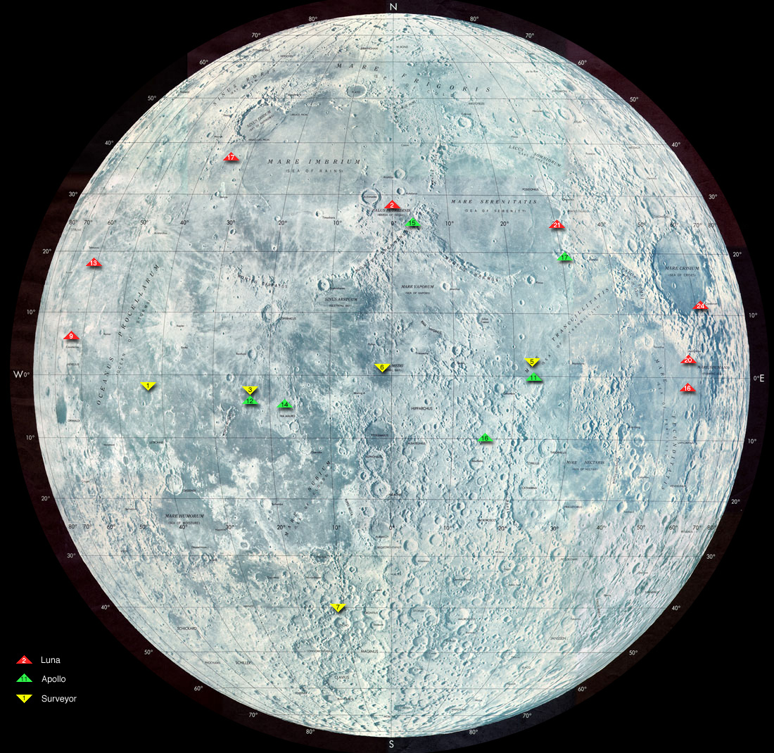 This image shows the locations of many spacecraft that have landed on the moon.