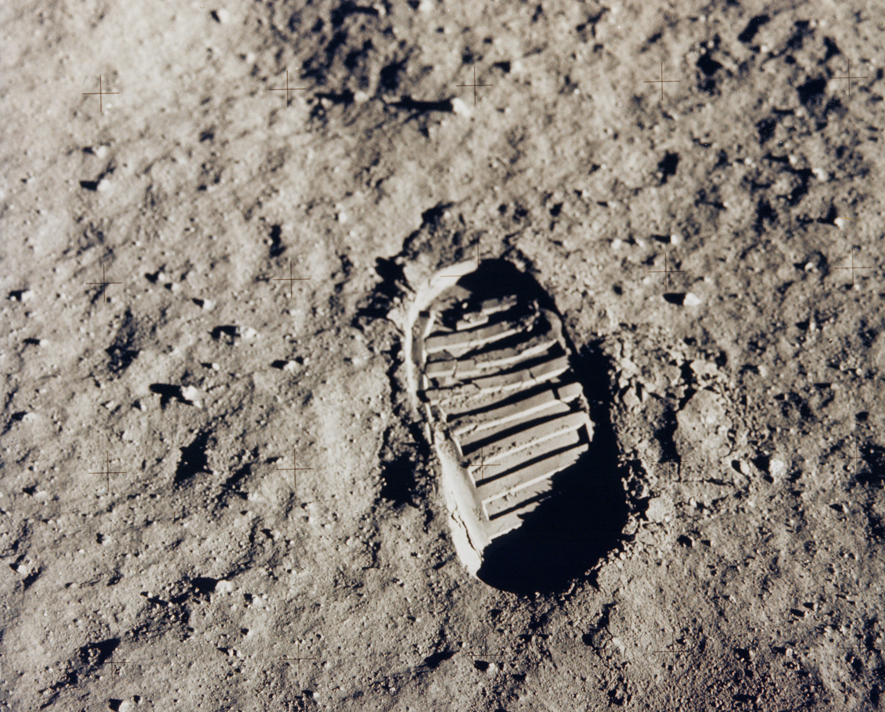 This bootprint marks one of the first steps human beings took on the moon in July 1969.